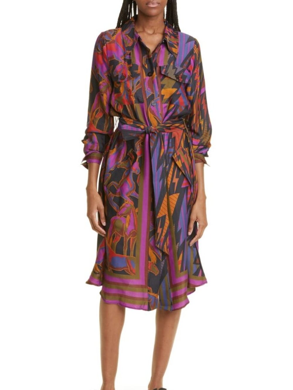 FARM Rio Mixed Wild Horses Belted Long Sleeve Shirtdress Size L Multicolor